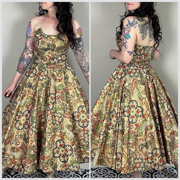 Vintage 1950s Novelty Boot Print Strapless Fit and Flare Midi Dress - Picture 4 of 10